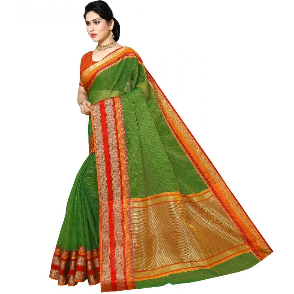 Snuggle Spot Women's Kota Doria Cotton Border Saree With Blouse (Green, 5-6 Mtrs)