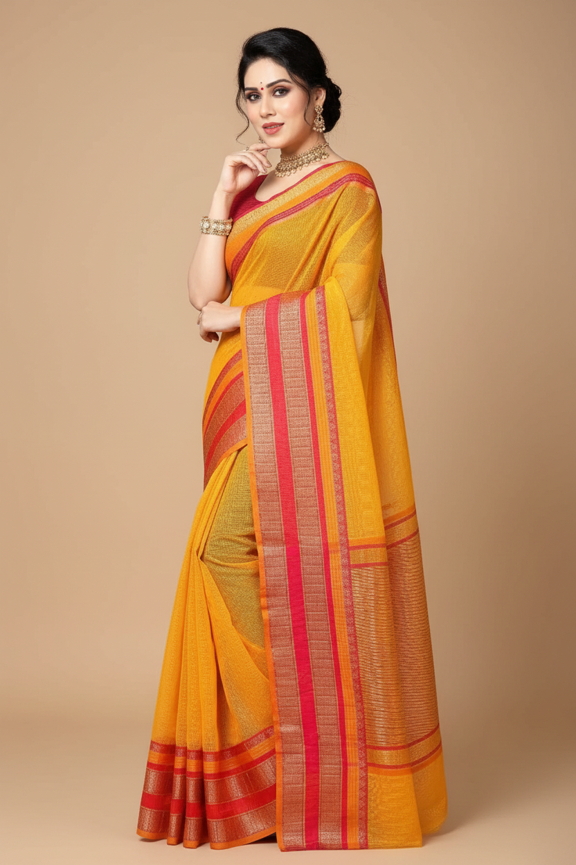 Snuggle Spot Women's Kota Doria Cotton Border Saree With Blouse (Gold, 5-6 Mtrs)