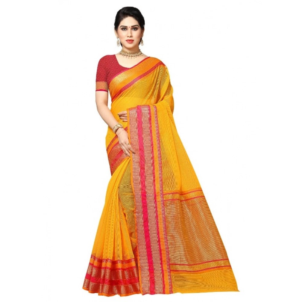 Snuggle Spot Women's Kota Doria Cotton Border Saree With Blouse (Gold, 5-6 Mtrs)