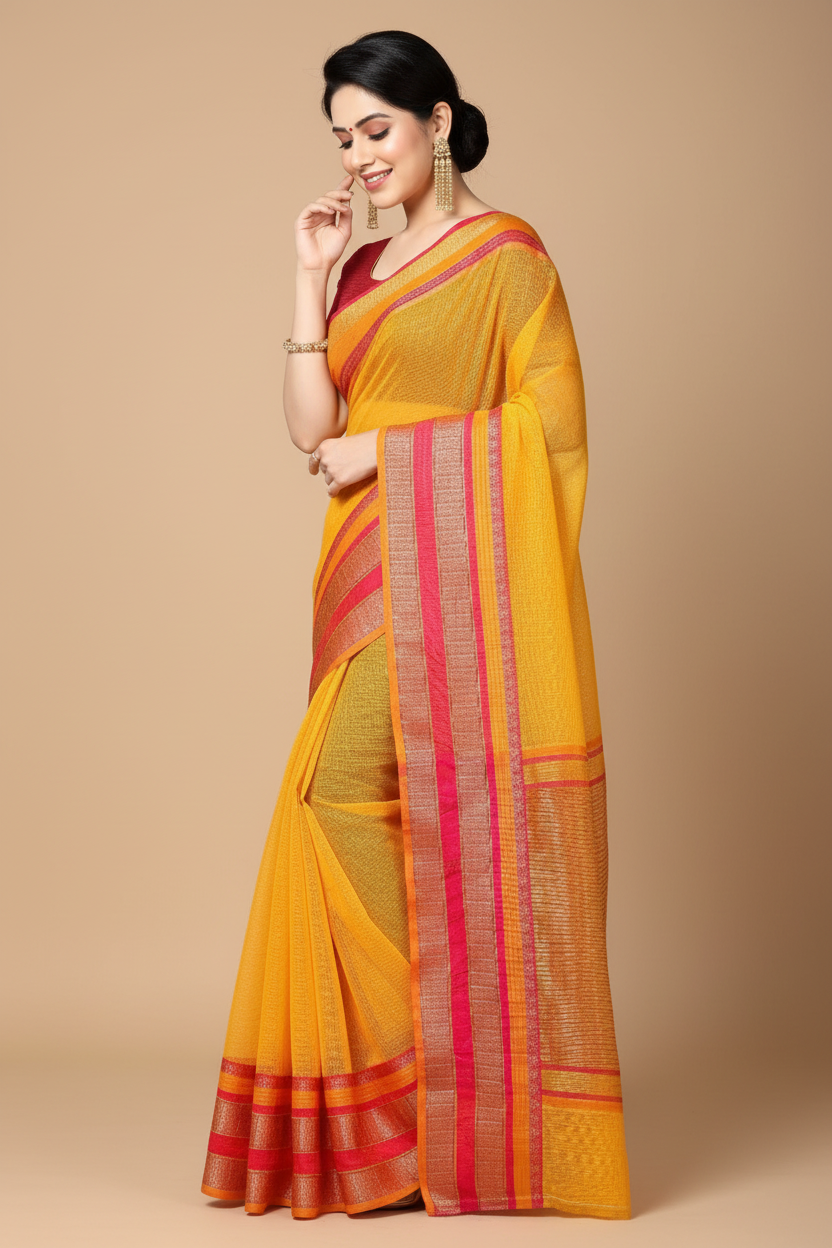 Snuggle Spot Women's Kota Doria Cotton Border Saree With Blouse (Gold, 5-6 Mtrs)