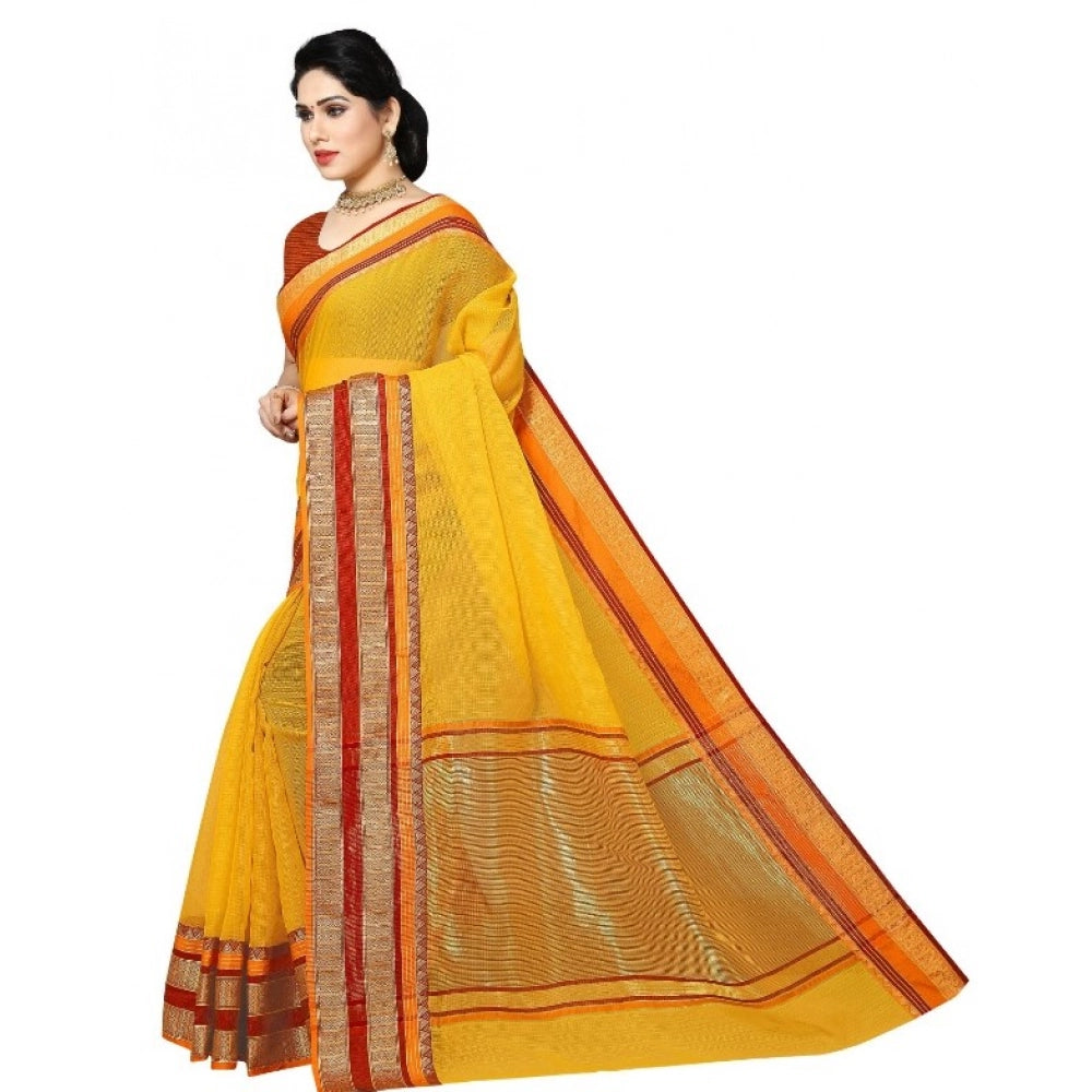 Snuggle Spot Women's Kota Doria Cotton Border Saree With Blouse (Yellow, 5-6 Mtrs)