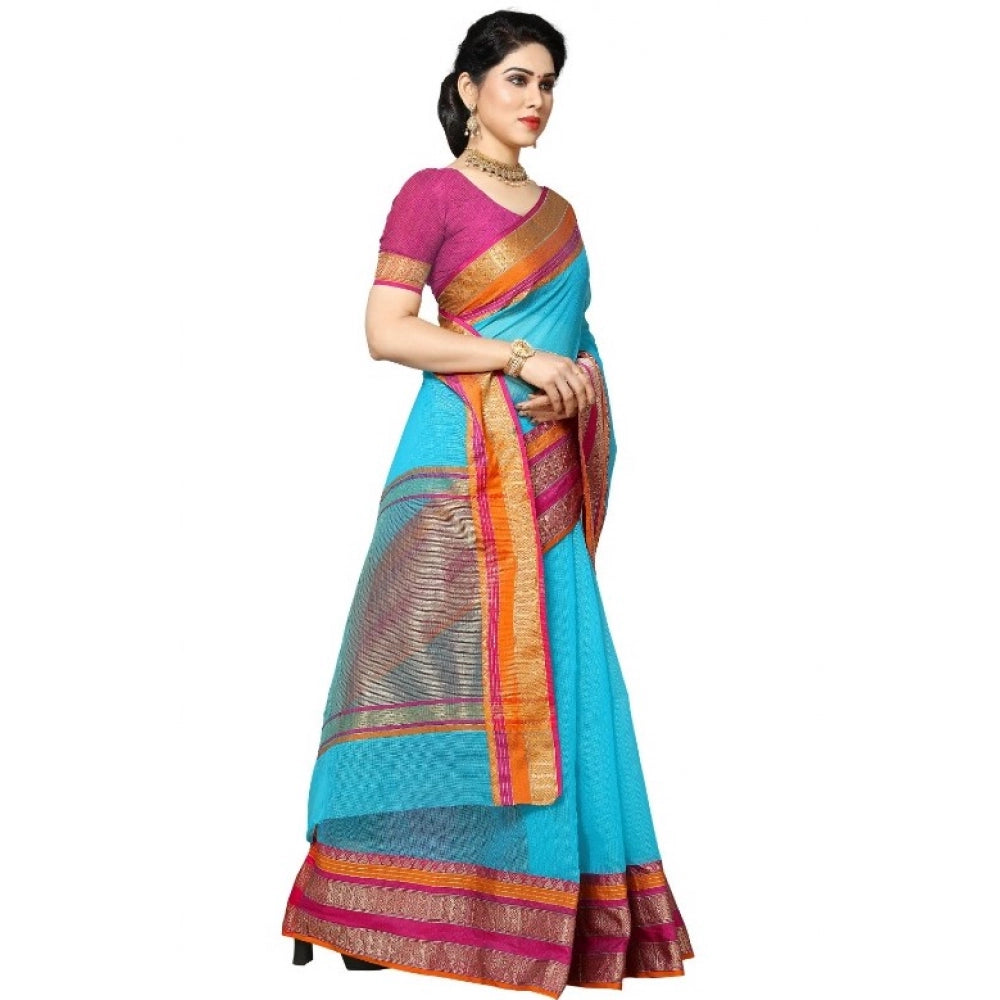 Snuggle Spot Women's Kota Doria Cotton Border Saree With Blouse (Sky Blue, 5-6 Mtrs)