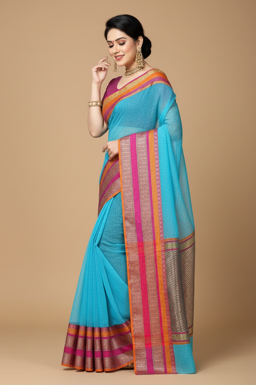 Snuggle Spot Women's Kota Doria Cotton Border Saree With Blouse (Sky Blue, 5-6 Mtrs)