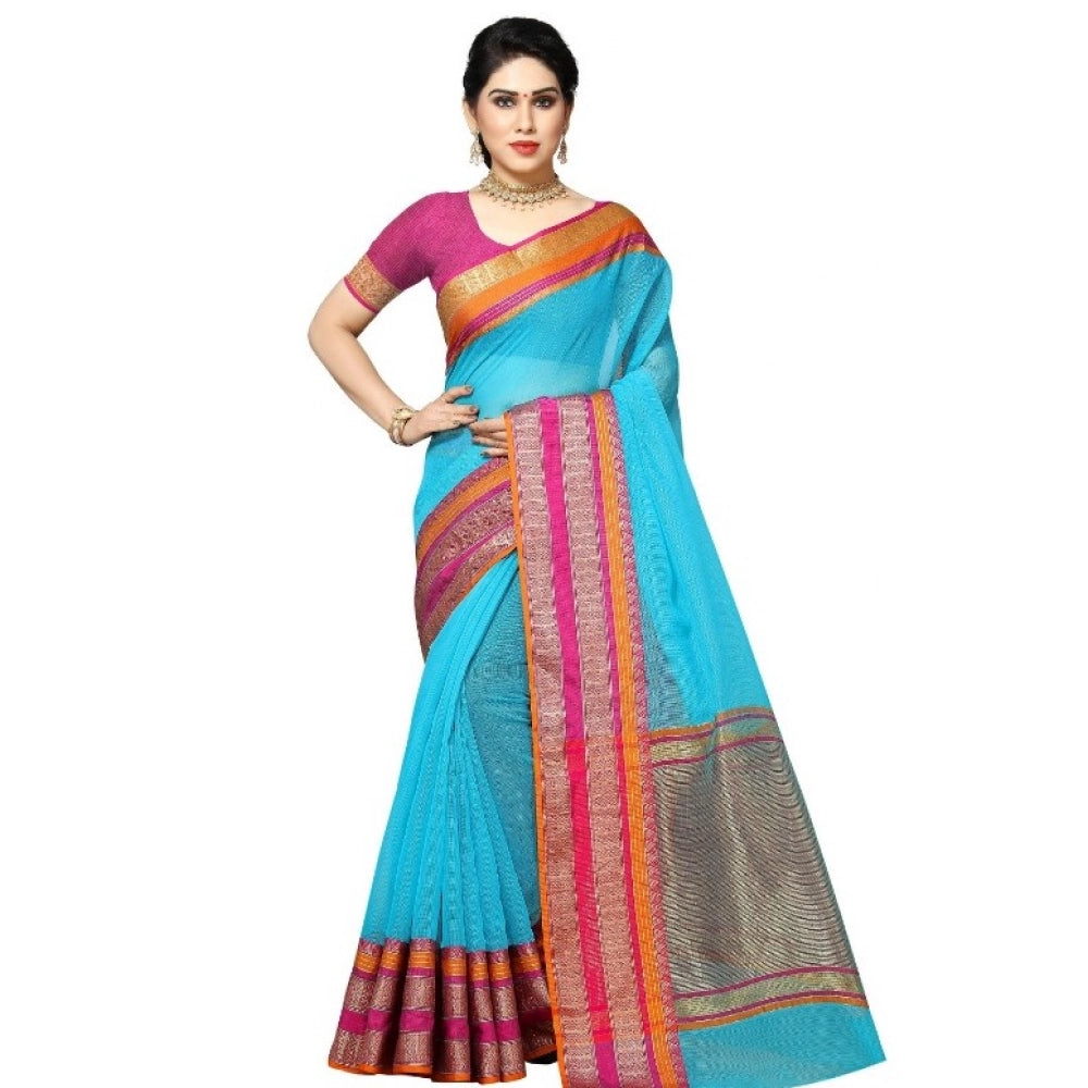 Snuggle Spot Women's Kota Doria Cotton Border Saree With Blouse (Sky Blue, 5-6 Mtrs)
