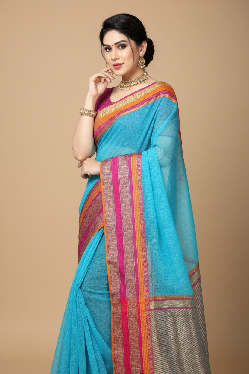 Snuggle Spot Women's Kota Doria Cotton Border Saree With Blouse (Sky Blue, 5-6 Mtrs)