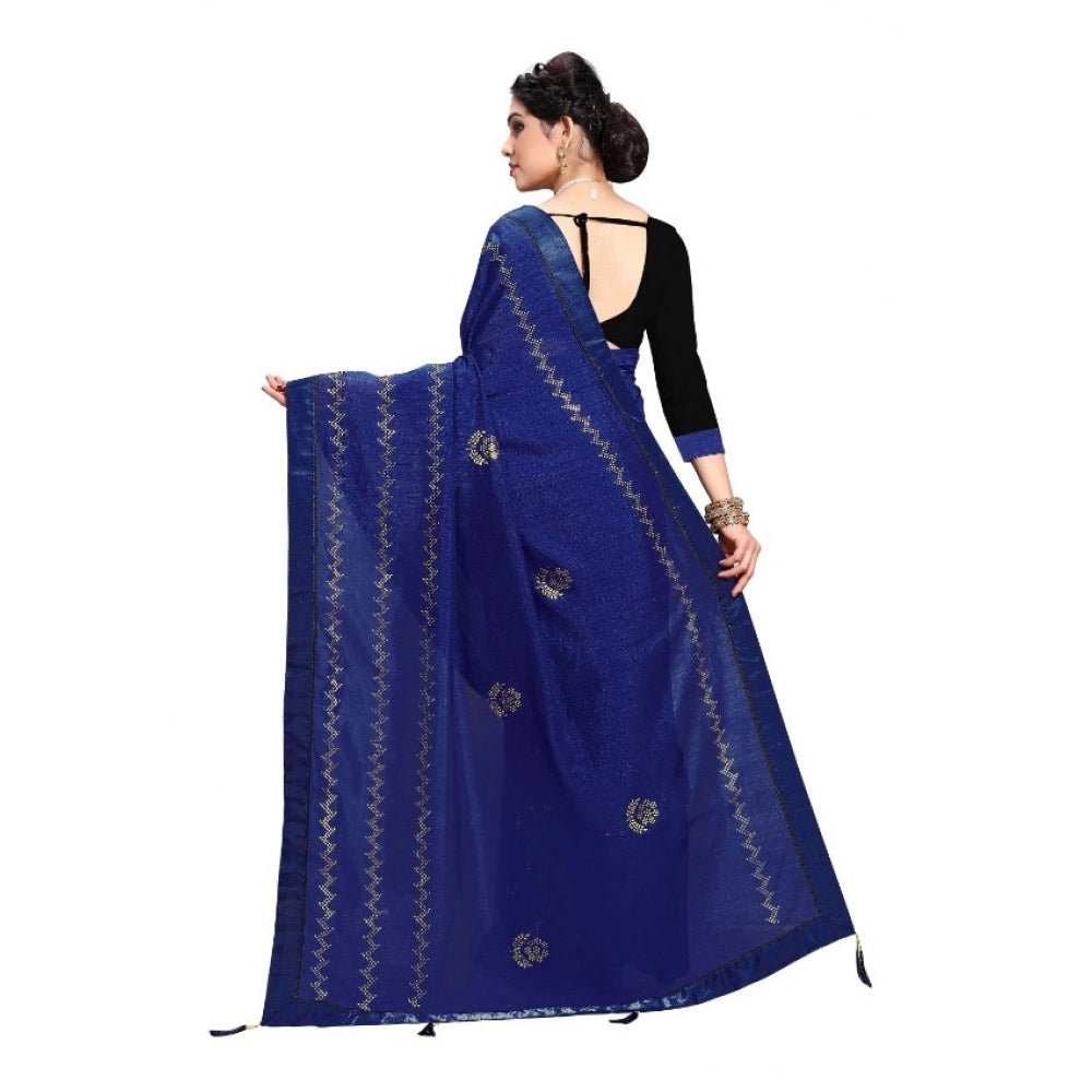 Snuggle Spot Women's Vichitra Silk HotFix Stone Work Saree With Blouse (Blue, 5-6 Mtrs)