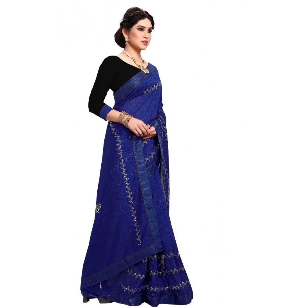 Snuggle Spot Women's Vichitra Silk HotFix Stone Work Saree With Blouse (Blue, 5-6 Mtrs)