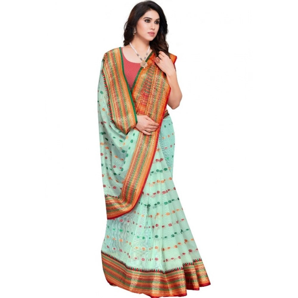Snuggle Spot Women's Kota Doria Cotton Woven Butta Saree With Blouse (Pista, 5-6 Mtrs)