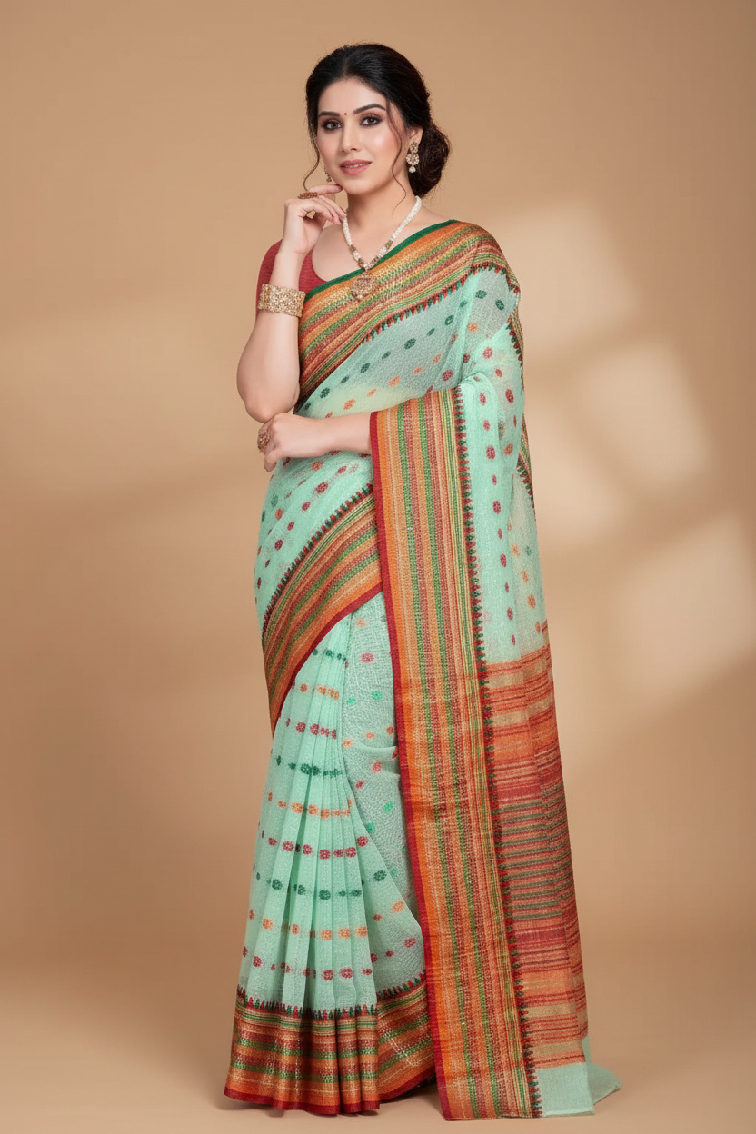 Snuggle Spot Women's Kota Doria Cotton Woven Butta Saree With Blouse (Pista, 5-6 Mtrs)