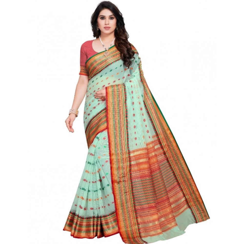 Snuggle Spot Women's Kota Doria Cotton Woven Butta Saree With Blouse (Pista, 5-6 Mtrs)