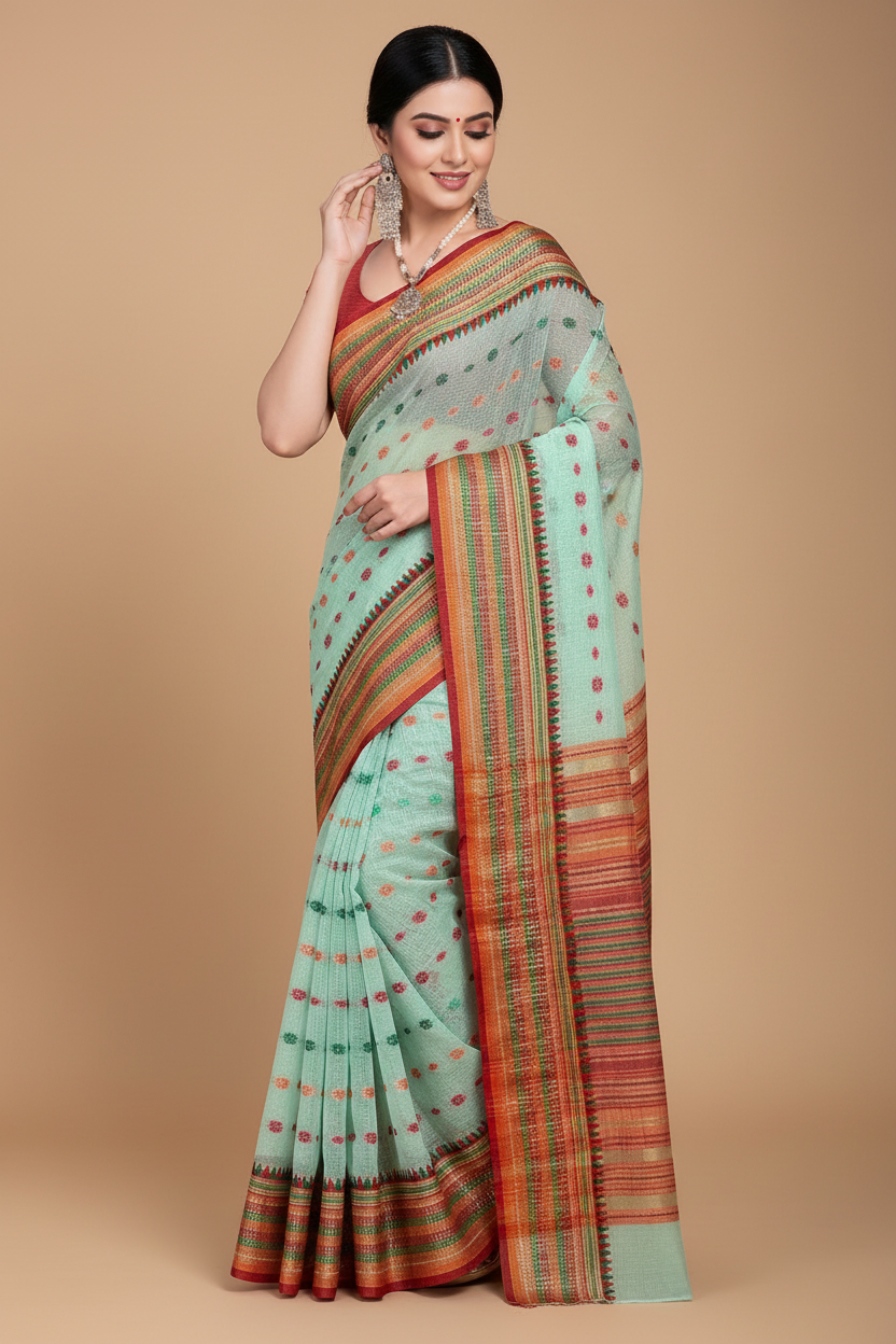 Snuggle Spot Women's Kota Doria Cotton Woven Butta Saree With Blouse (Pista, 5-6 Mtrs)