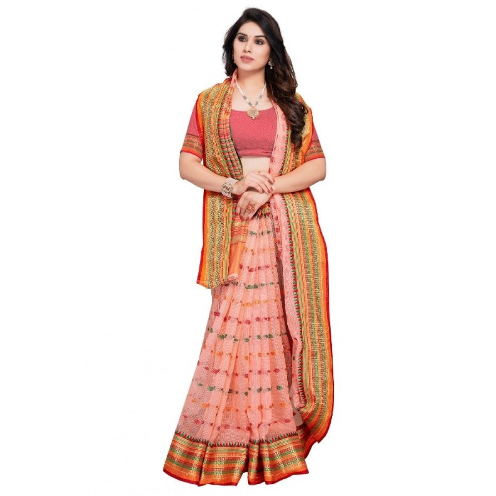 Snuggle Spot Women's Kota Doria Cotton Woven Butta Saree With Blouse (Peach, 5-6 Mtrs)