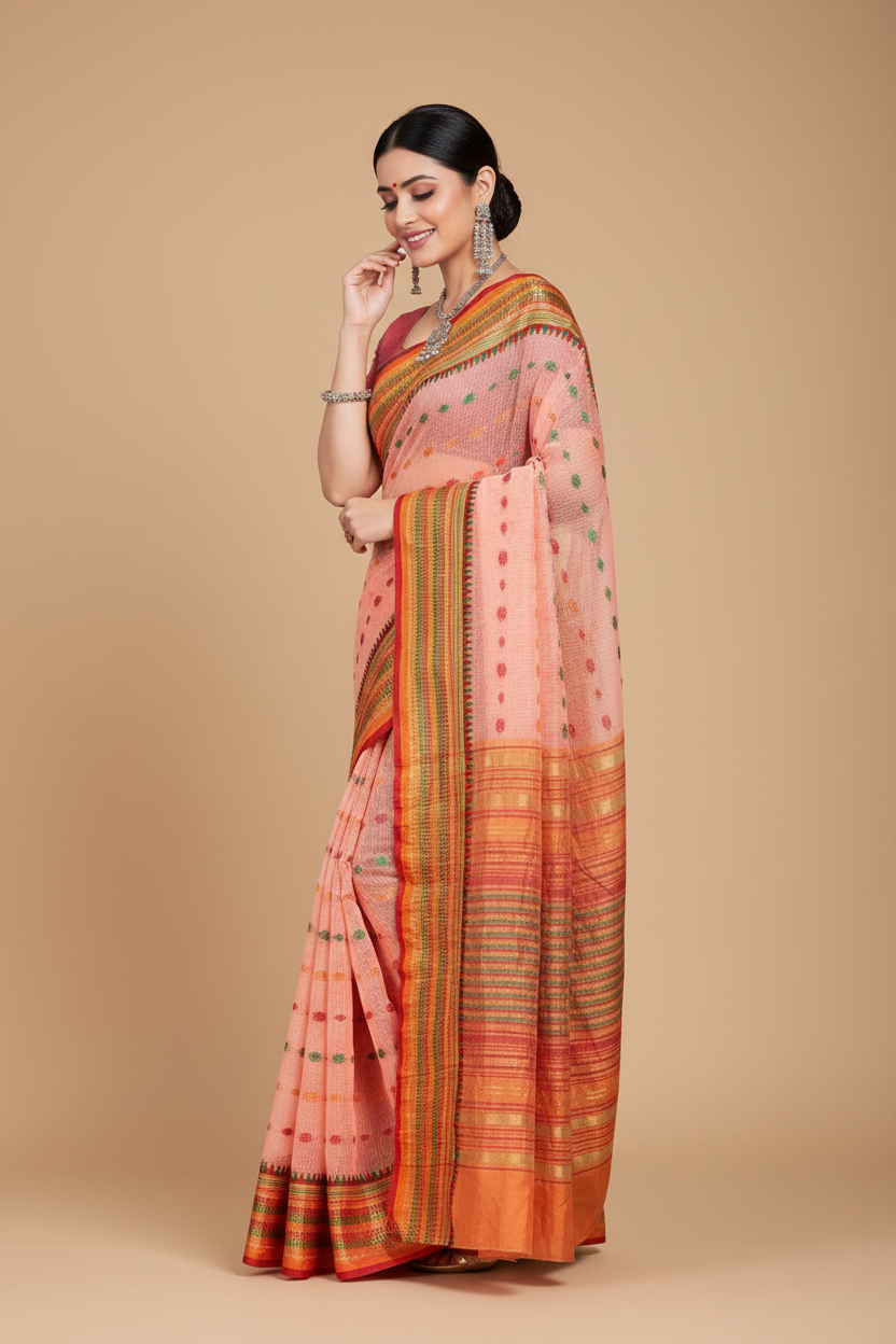 Snuggle Spot Women's Kota Doria Cotton Woven Butta Saree With Blouse (Peach, 5-6 Mtrs)