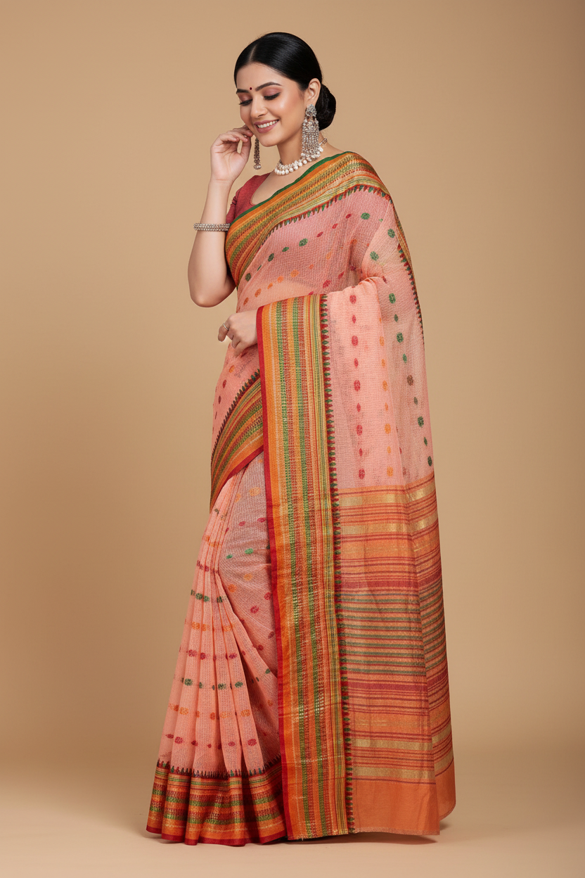 Snuggle Spot Women's Kota Doria Cotton Woven Butta Saree With Blouse (Peach, 5-6 Mtrs)