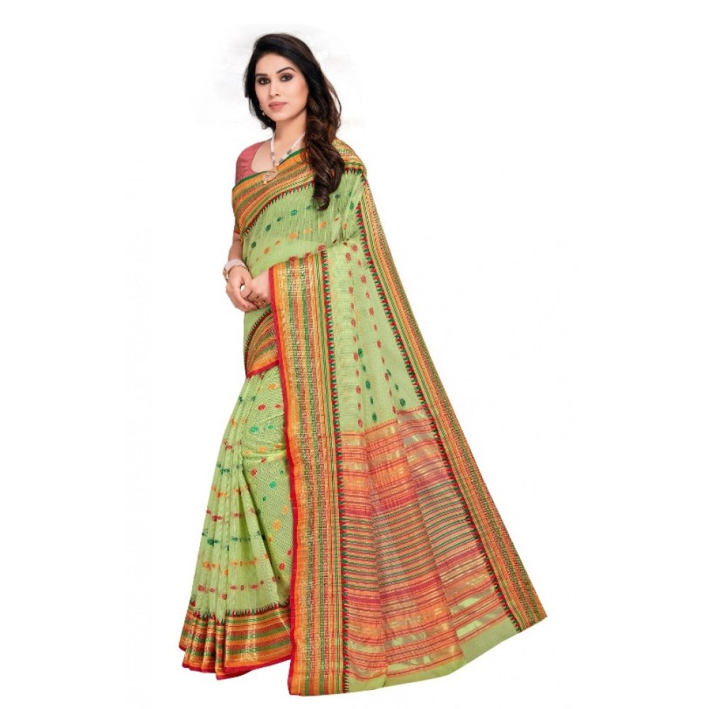 Snuggle Spot Women's Kota Doria Cotton Woven Butta Saree With Blouse (Light Green, 5-6 Mtrs)
