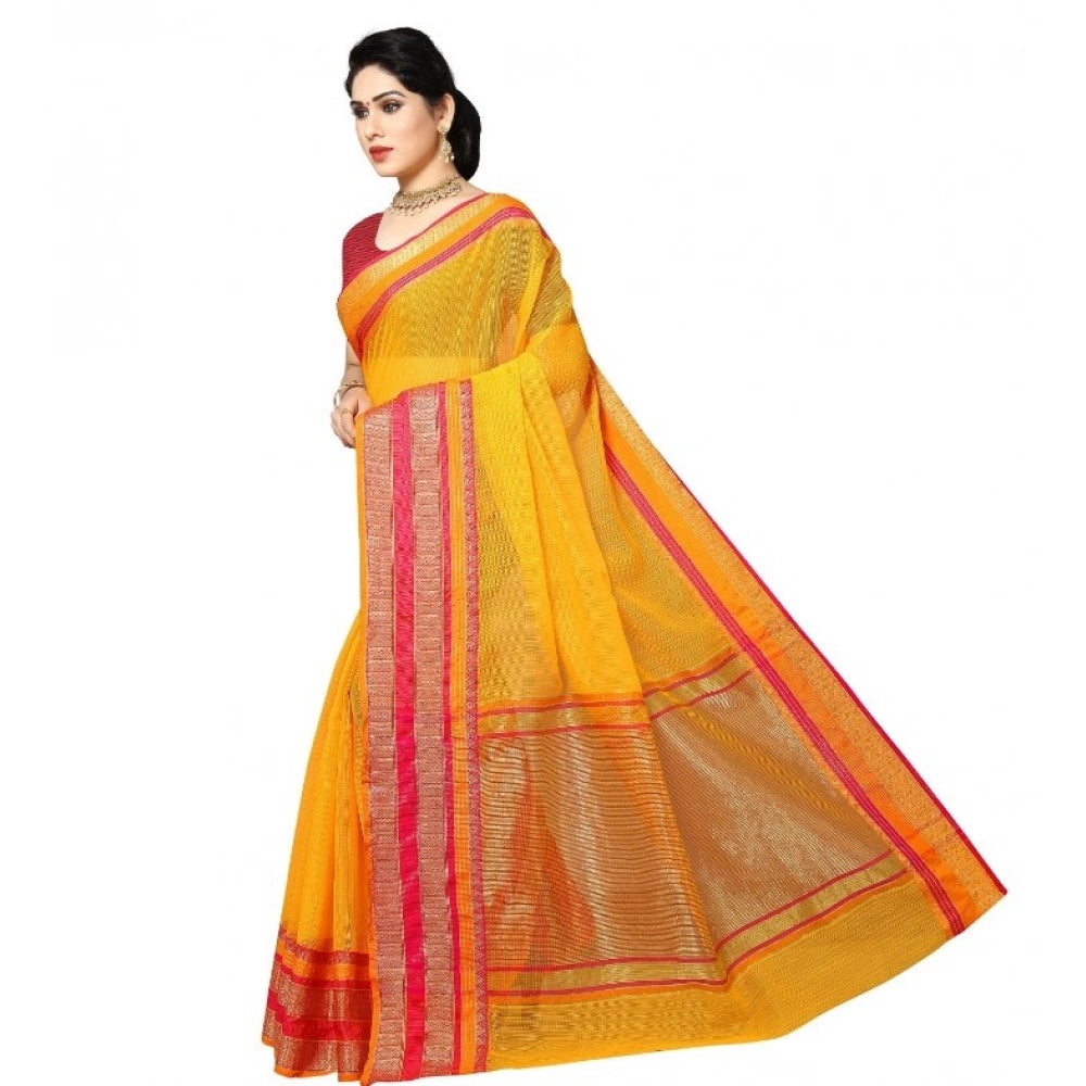Snuggle Spot Women's Kota Doria Cotton Border Saree With Blouse (Gold, 5-6 Mtrs)