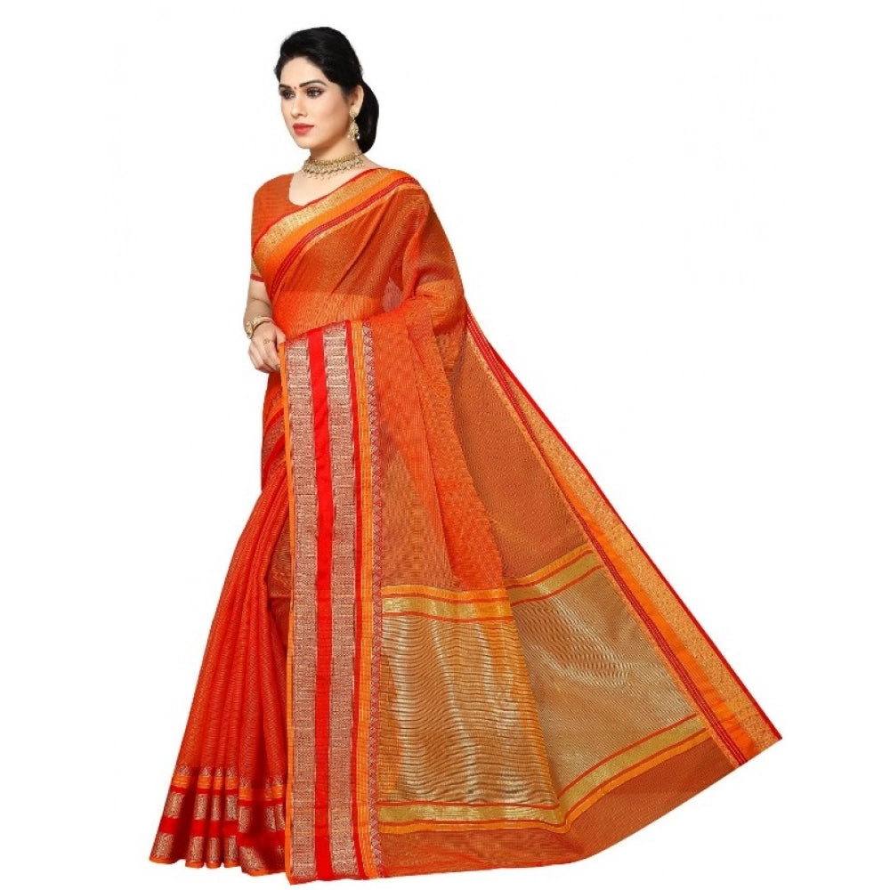 Snuggle Spot Women's Kota Doria Cotton Border Saree With Blouse (Orange, 5-6 Mtrs)
