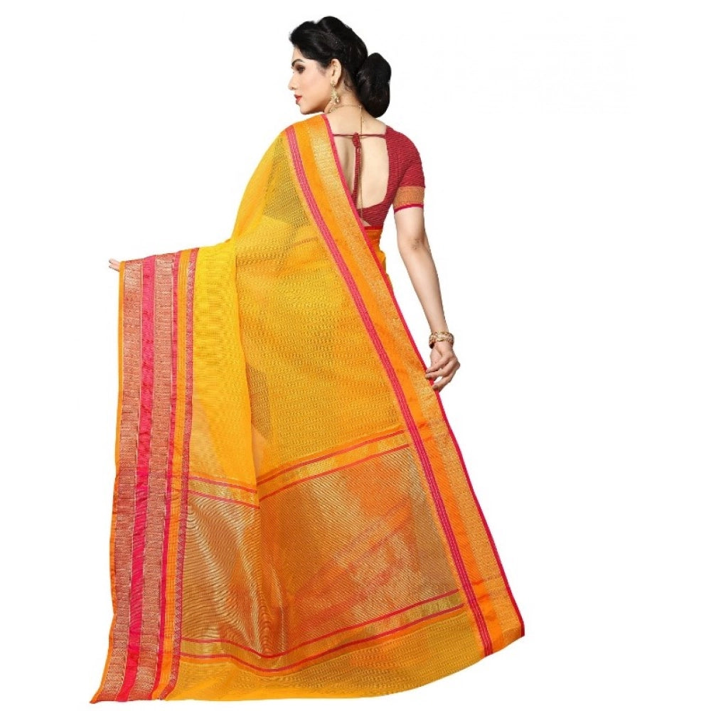 Snuggle Spot Women's Kota Doria Cotton Border Saree With Blouse (Gold, 5-6 Mtrs)