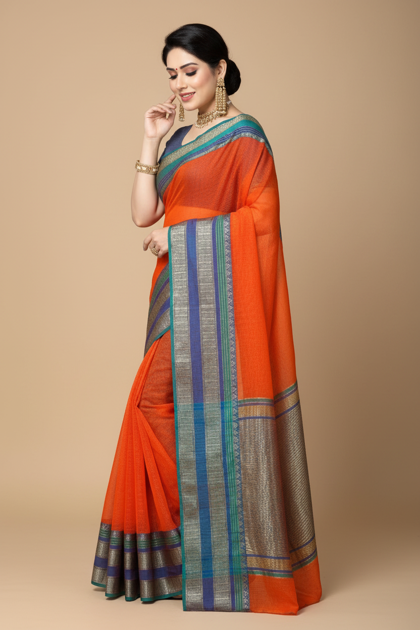 Snuggle Spot Women's Kota Doria Cotton Border Saree With Blouse (Fanta, 5-6 Mtrs)