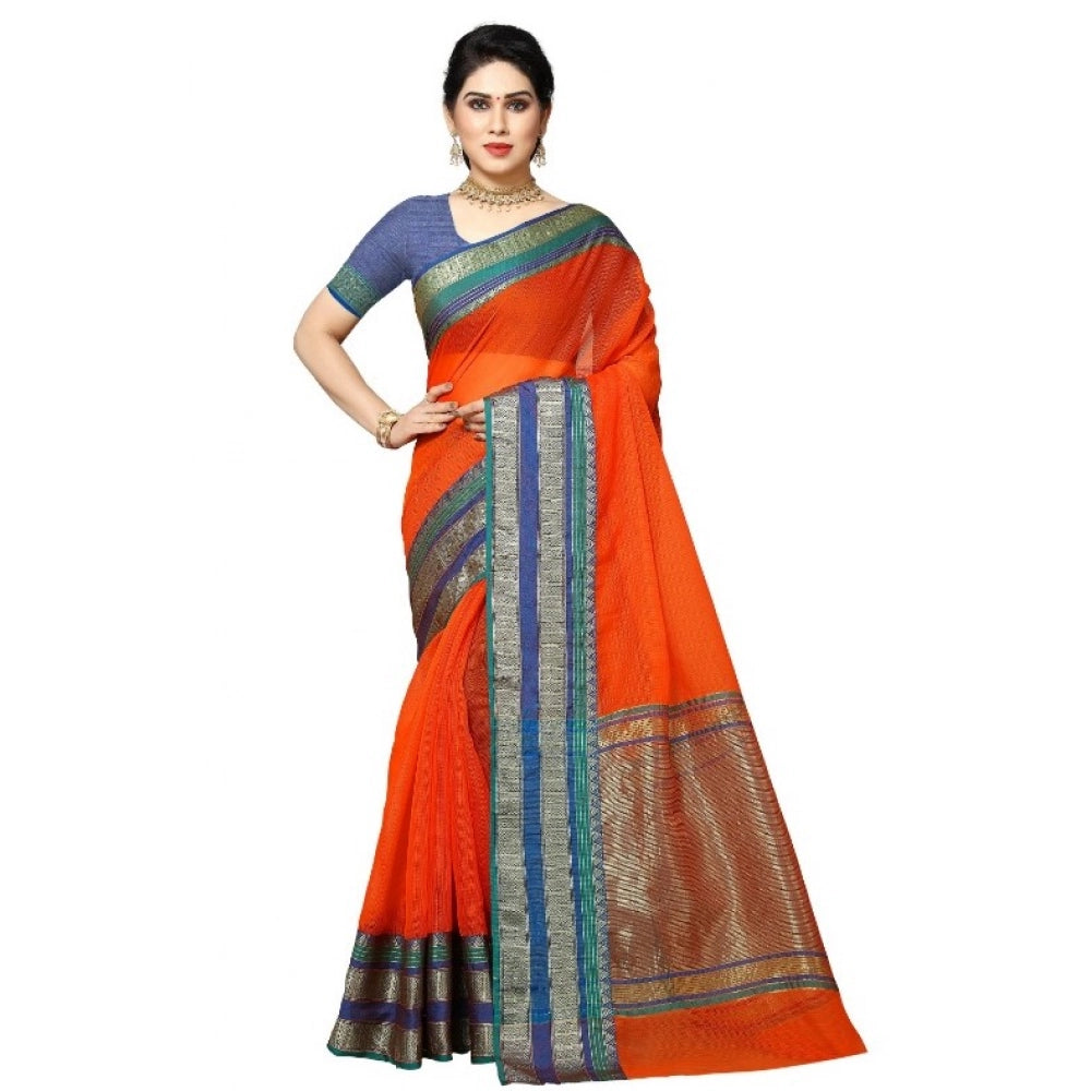 Snuggle Spot Women's Kota Doria Cotton Border Saree With Blouse (Fanta, 5-6 Mtrs)