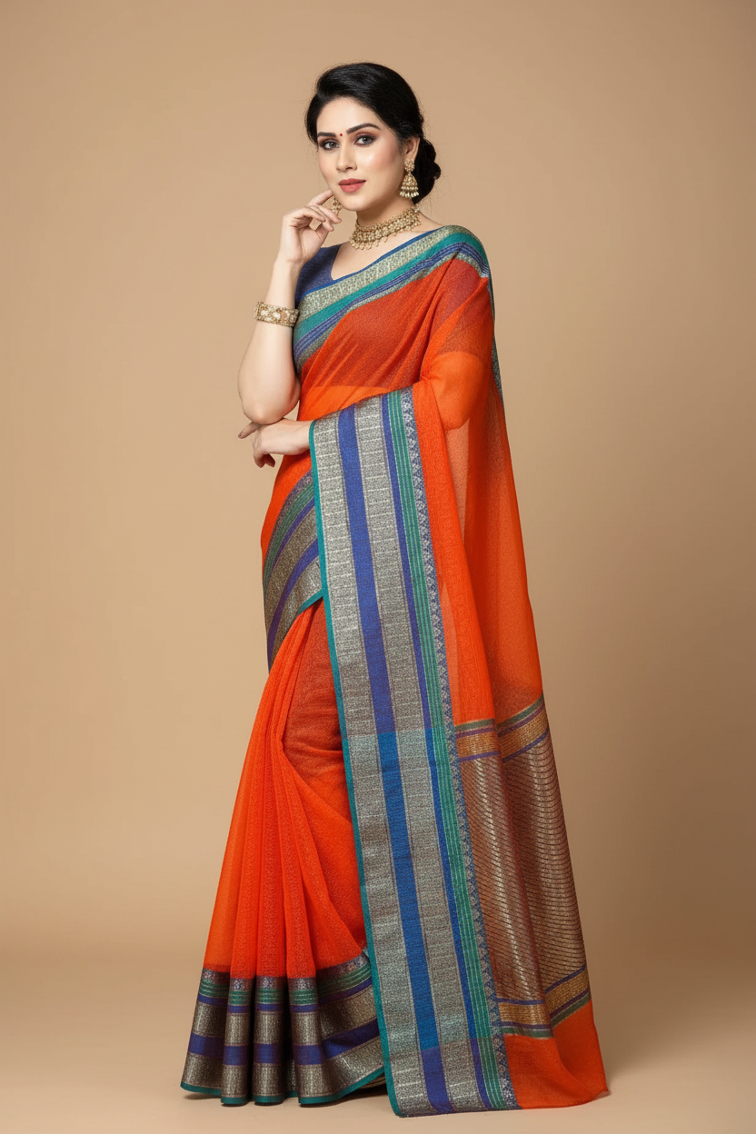 Snuggle Spot Women's Kota Doria Cotton Border Saree With Blouse (Fanta, 5-6 Mtrs)