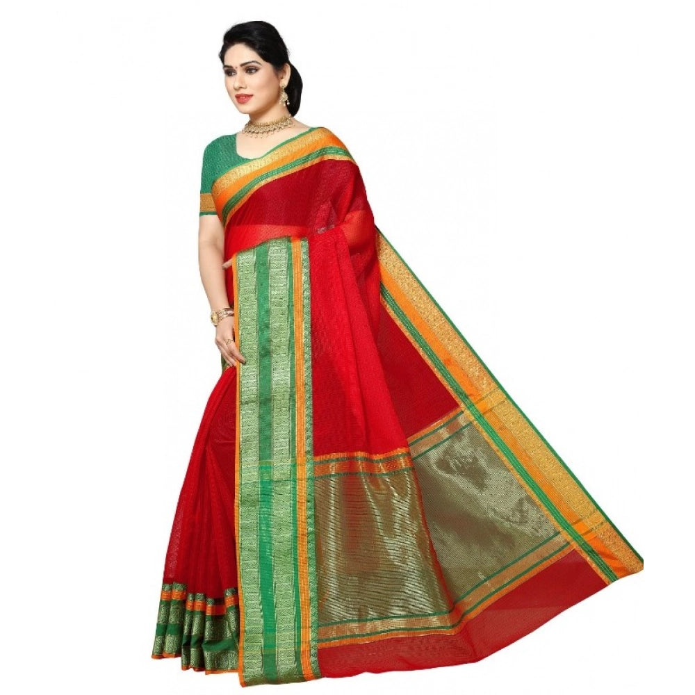 Snuggle Spot Women's Kota Doria Cotton Border Saree With Blouse (Red, 5-6 Mtrs)