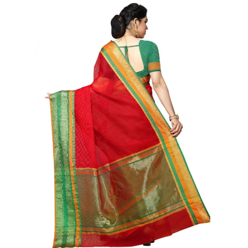 Snuggle Spot Women's Kota Doria Cotton Border Saree With Blouse (Red, 5-6 Mtrs)