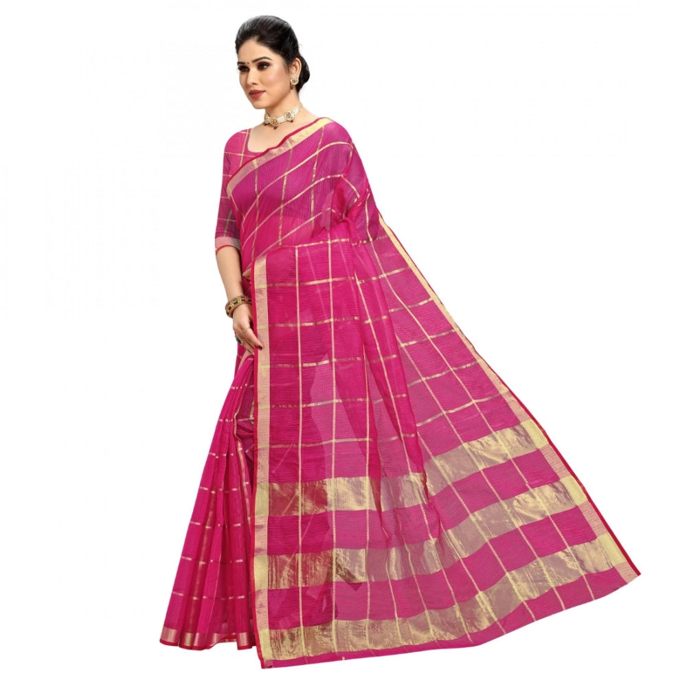 Snuggle Spot Women's Kota Doria Cotton Checked Saree With Blouse (Rani, 5-6 Mtrs)