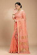 Snuggle Spot Women's Kota Doria Cotton Checked Saree With Blouse (Peach, 5-6 Mtrs)