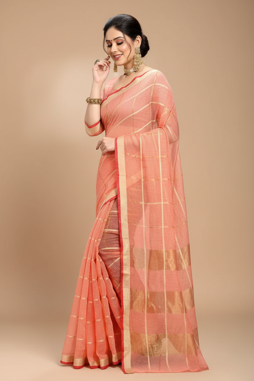 Snuggle Spot Women's Kota Doria Cotton Checked Saree With Blouse (Peach, 5-6 Mtrs)