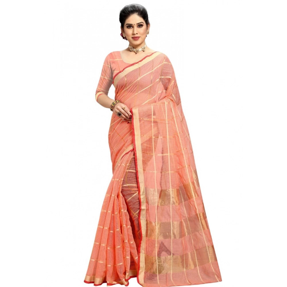 Snuggle Spot Women's Kota Doria Cotton Checked Saree With Blouse (Peach, 5-6 Mtrs)