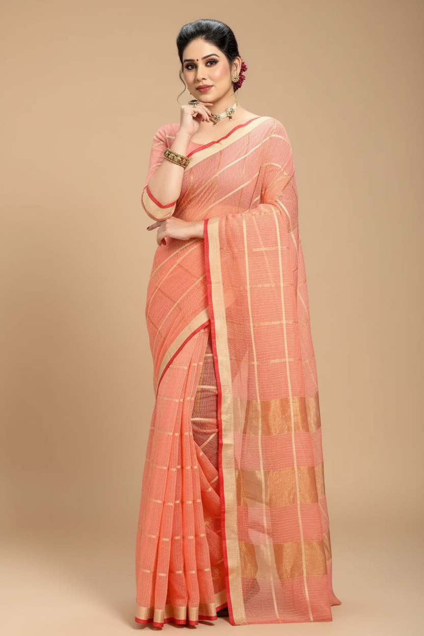 Snuggle Spot Women's Kota Doria Cotton Checked Saree With Blouse (Peach, 5-6 Mtrs)
