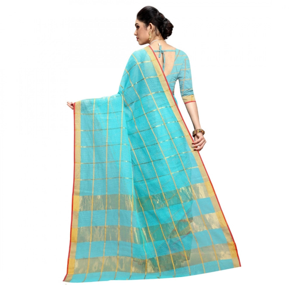 Snuggle Spot Women's Kota Doria Cotton Checked Saree With Blouse (Sky Blue, 5-6 Mtrs)
