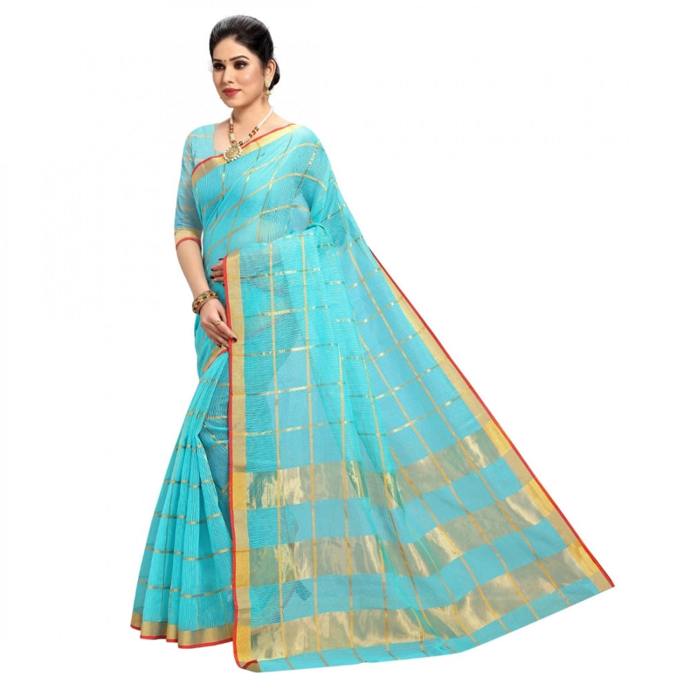 Snuggle Spot Women's Kota Doria Cotton Checked Saree With Blouse (Sky Blue, 5-6 Mtrs)