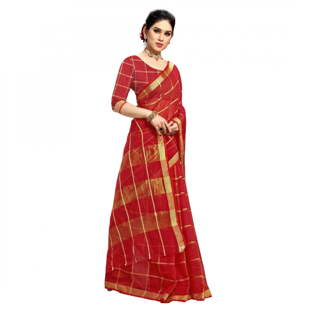 Snuggle Spot Women's Kota Doria Cotton Checked Saree With Blouse (Red, 5-6 Mtrs)