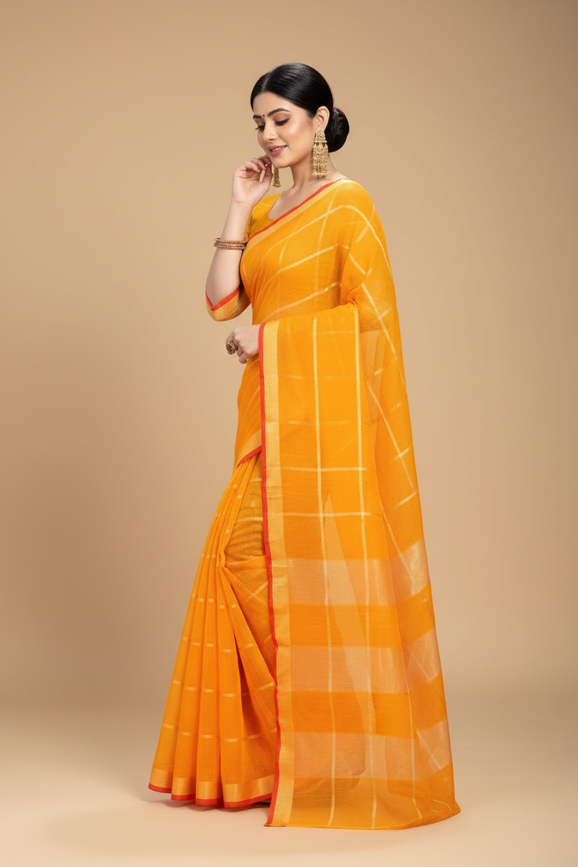 Snuggle Spot Women's Kota Doria Cotton Checked Saree With Blouse (Yellow, 5-6 Mtrs)
