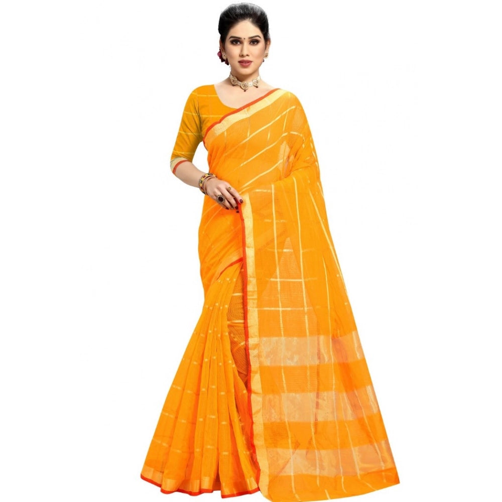 Snuggle Spot Women's Kota Doria Cotton Checked Saree With Blouse (Yellow, 5-6 Mtrs)