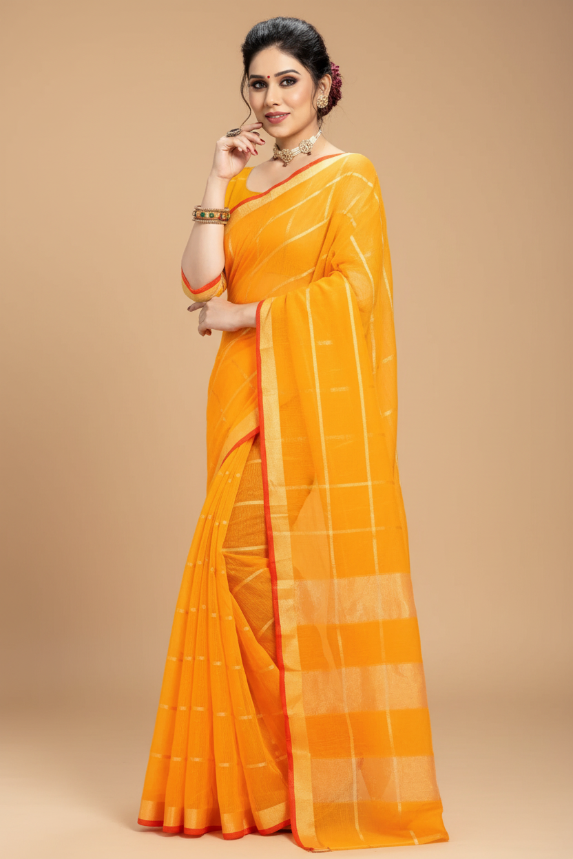 Snuggle Spot Women's Kota Doria Cotton Checked Saree With Blouse (Yellow, 5-6 Mtrs)