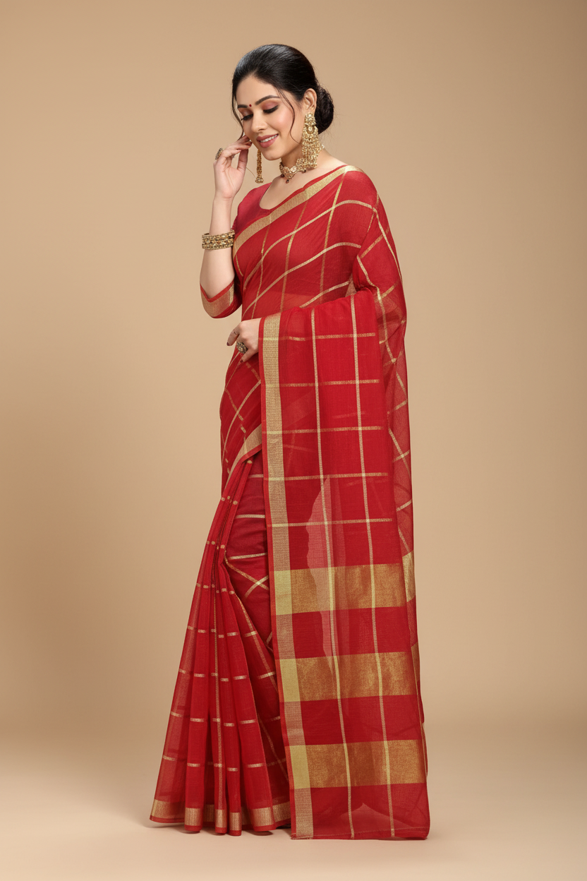 Snuggle Spot Women's Kota Doria Cotton Checked Saree With Blouse (Red, 5-6 Mtrs)