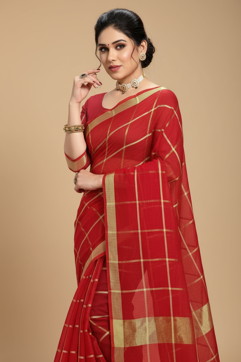 Snuggle Spot Women's Kota Doria Cotton Checked Saree With Blouse (Red, 5-6 Mtrs)