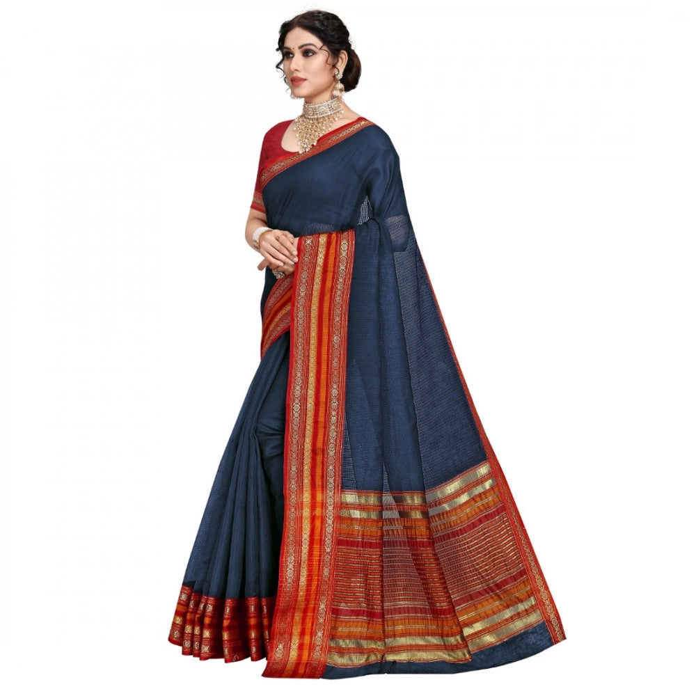 Snuggle Spot Women's Kota Doria Cotton Bordered Saree With Blouse (Navy Blue, 5-6 Mtrs)