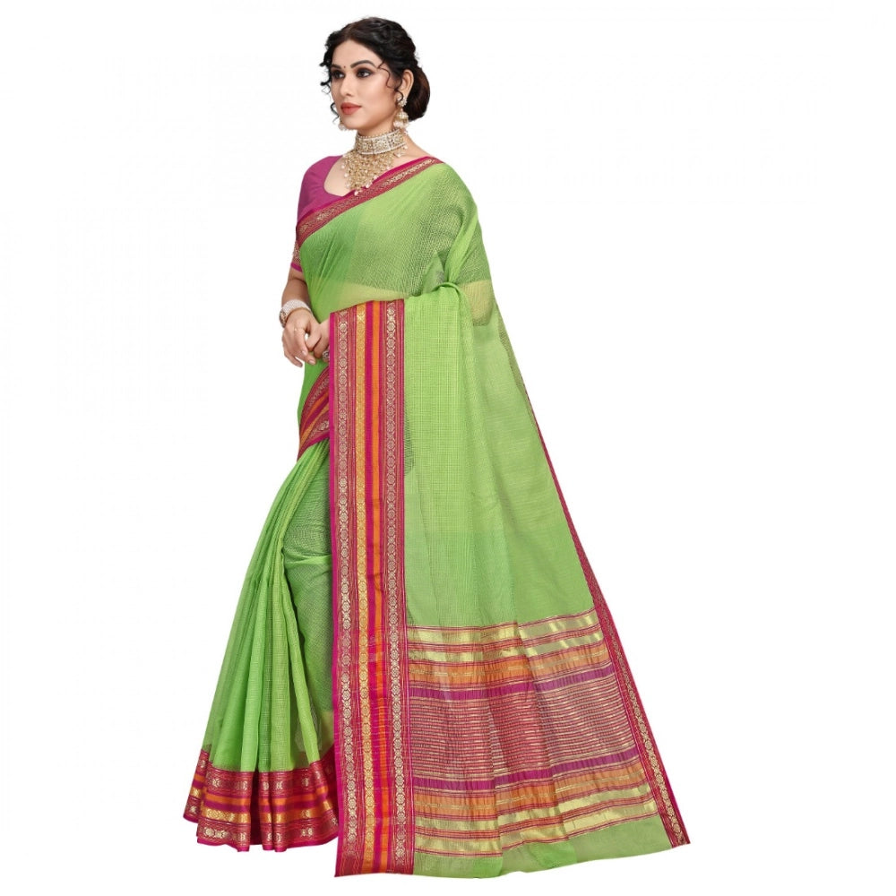 Snuggle Spot Women's Kota Doria Cotton Bordered Saree With Blouse (Light Green, 5-6 Mtrs)