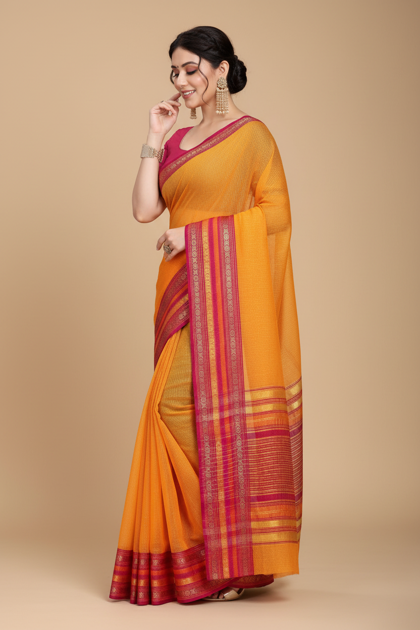 Snuggle Spot Women's Kota Doria Cotton Bordered Saree With Blouse (Gold, 5-6 Mtrs)