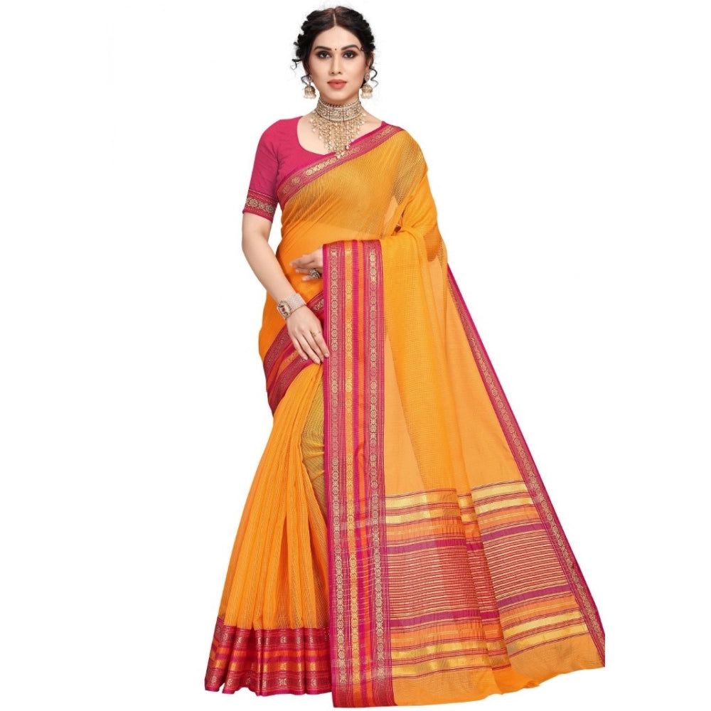 Snuggle Spot Women's Kota Doria Cotton Bordered Saree With Blouse (Gold, 5-6 Mtrs)