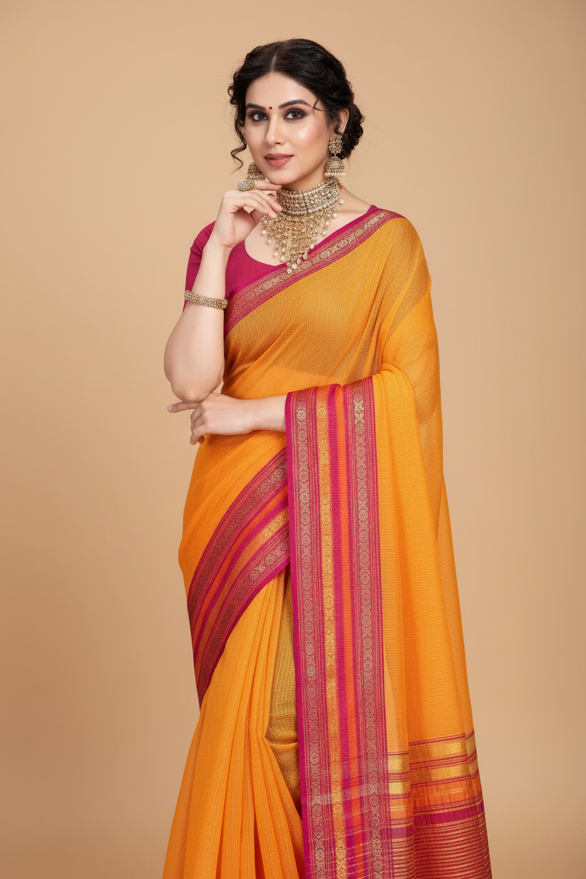 Snuggle Spot Women's Kota Doria Cotton Bordered Saree With Blouse (Gold, 5-6 Mtrs)