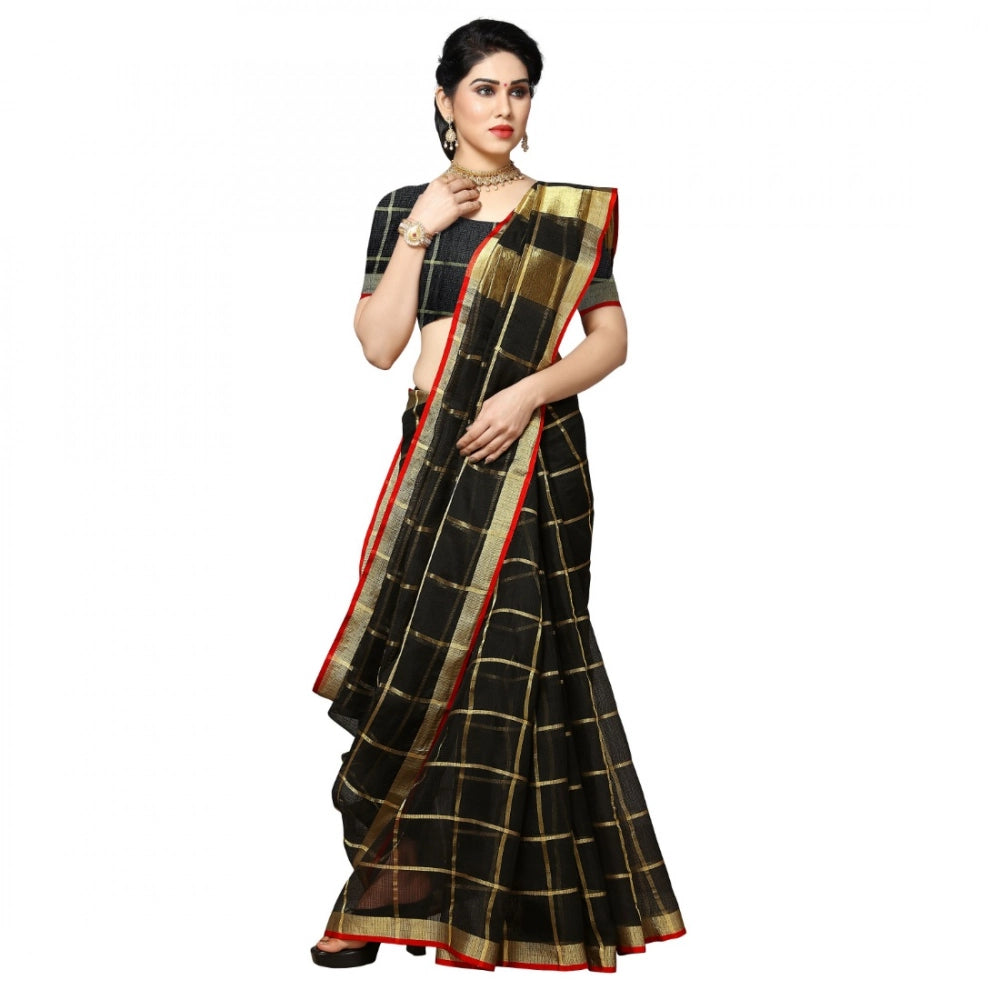 Snuggle Spot Women's Kota Doria Cotton Checked Saree With Blouse (Black, 5-6 Mtrs)