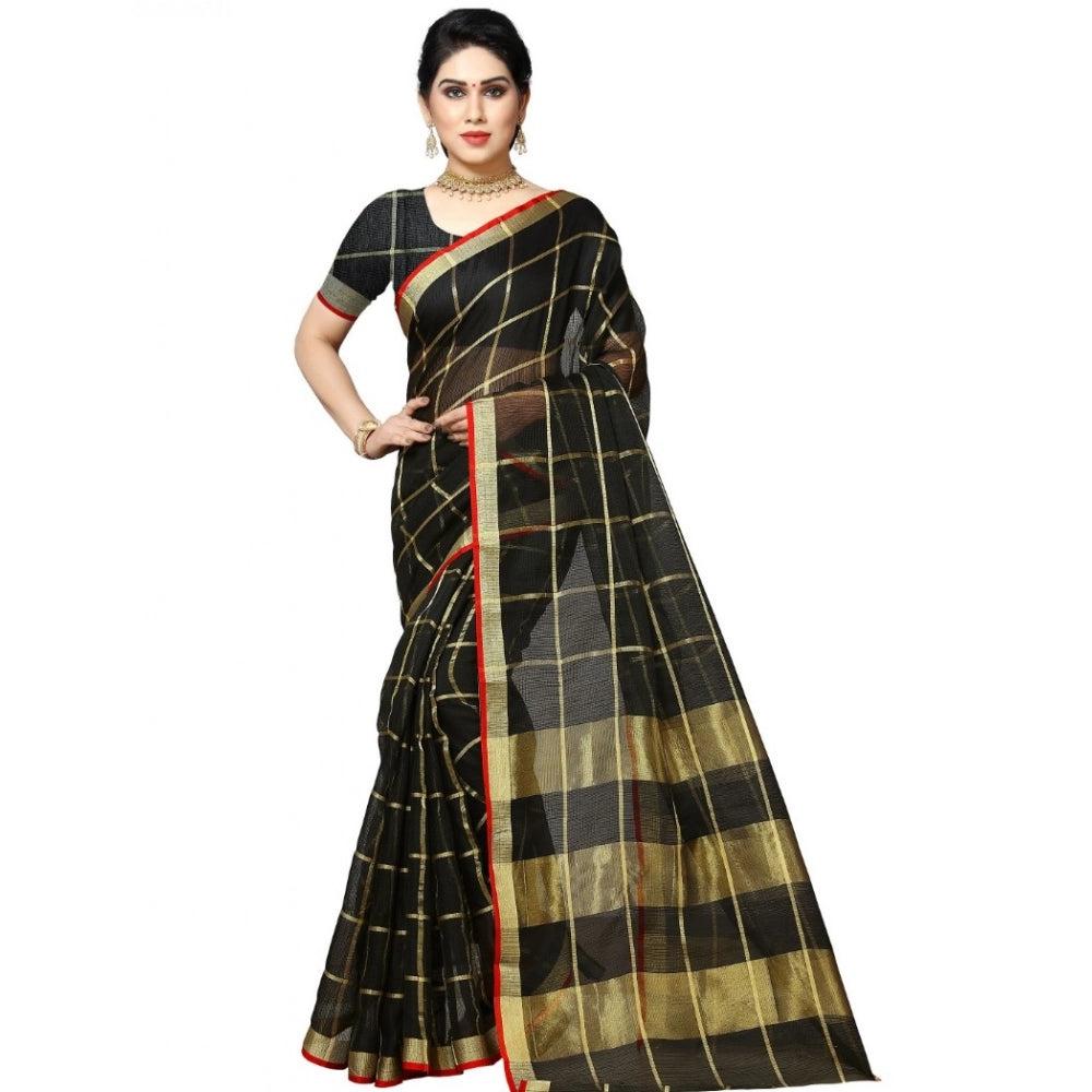 Snuggle Spot Women's Kota Doria Cotton Checked Saree With Blouse (Black, 5-6 Mtrs)