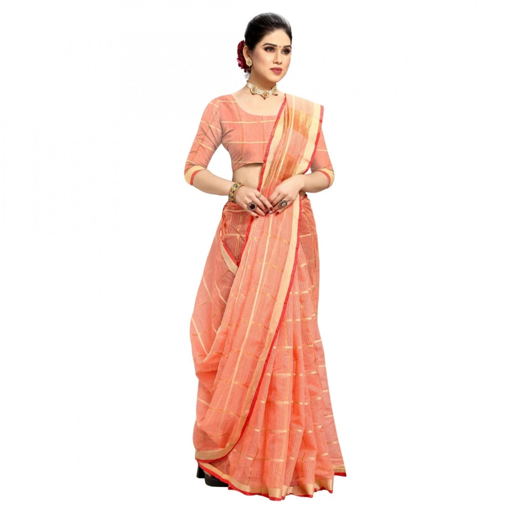 Snuggle Spot Women's Kota Doria Cotton Checked Saree With Blouse (Peach, 5-6 Mtrs)