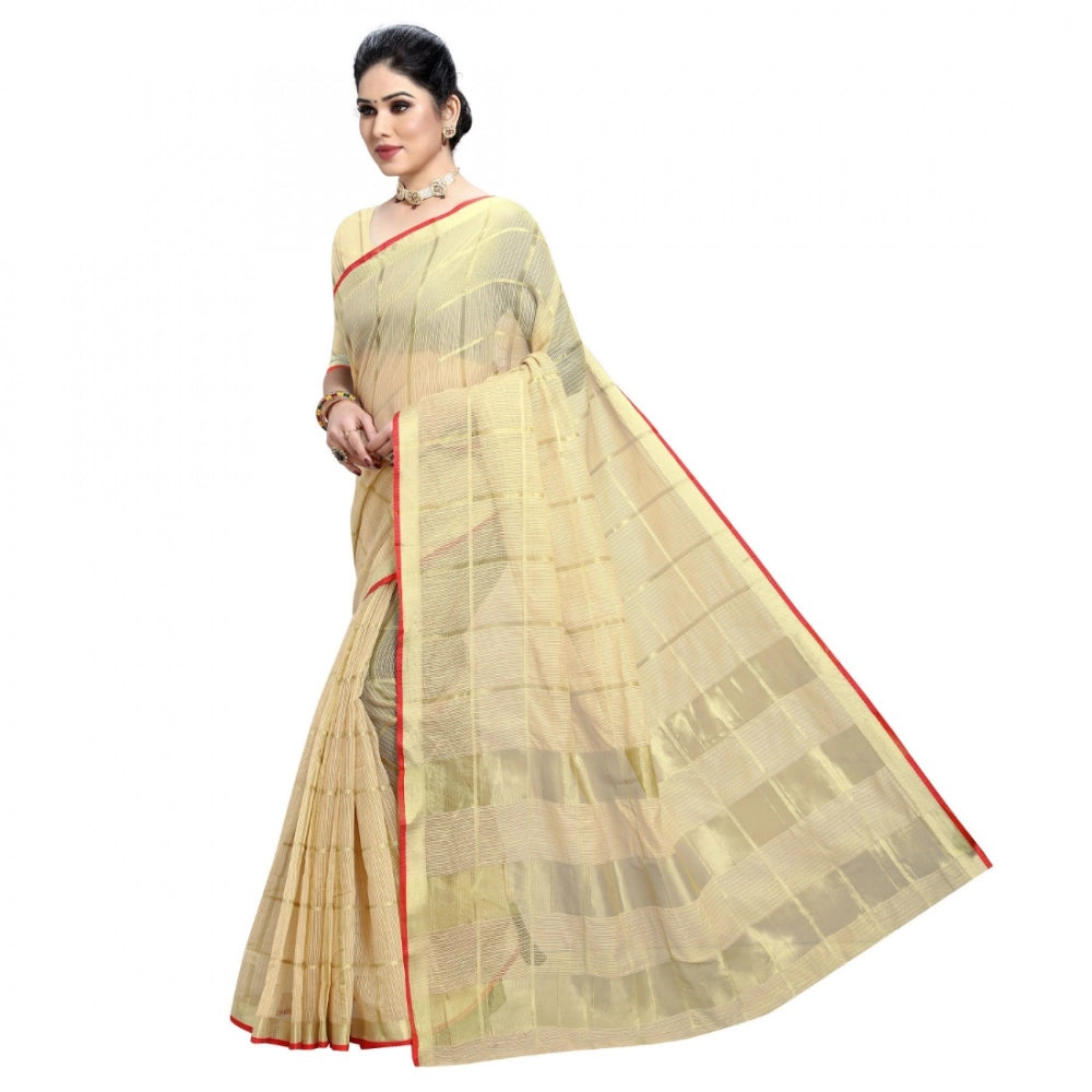 Snuggle Spot Women's Kota Doria Cotton Checked Saree With Blouse (Beige, 5-6 Mtrs)