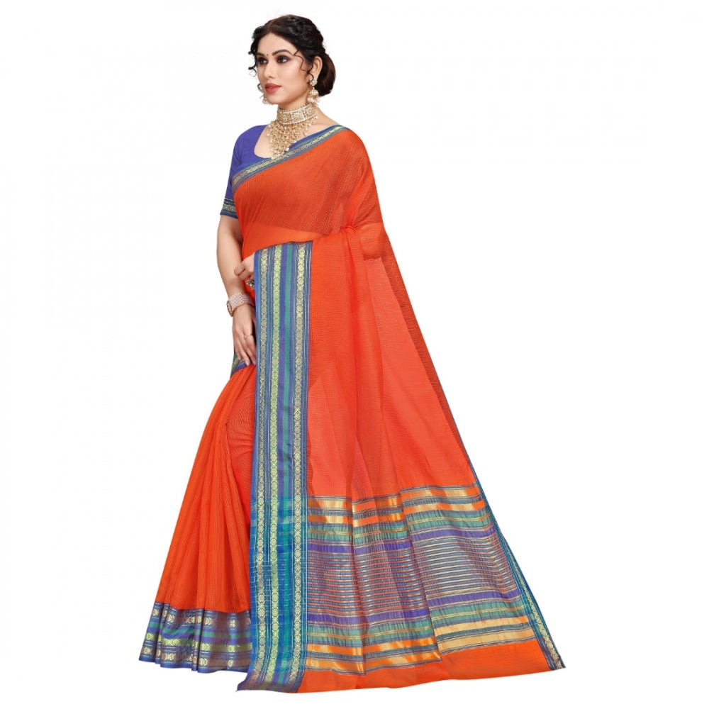 Snuggle Spot Women's Kota Doria Cotton Bordered Saree With Blouse (Fanta, 5-6 Mtrs)